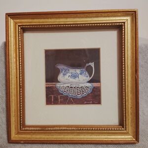 Vtg Farmhouse Arnie R. Fisk Framed Art Print TEA Blue & White Pitcher Gold Frame